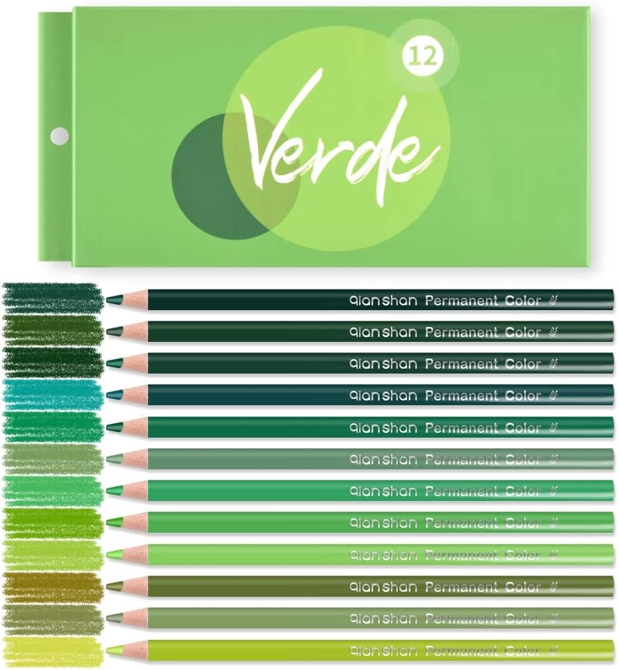 qianshan 12 Green Colored Pencils Oil Based Pre-sharpened 12 green pencils
