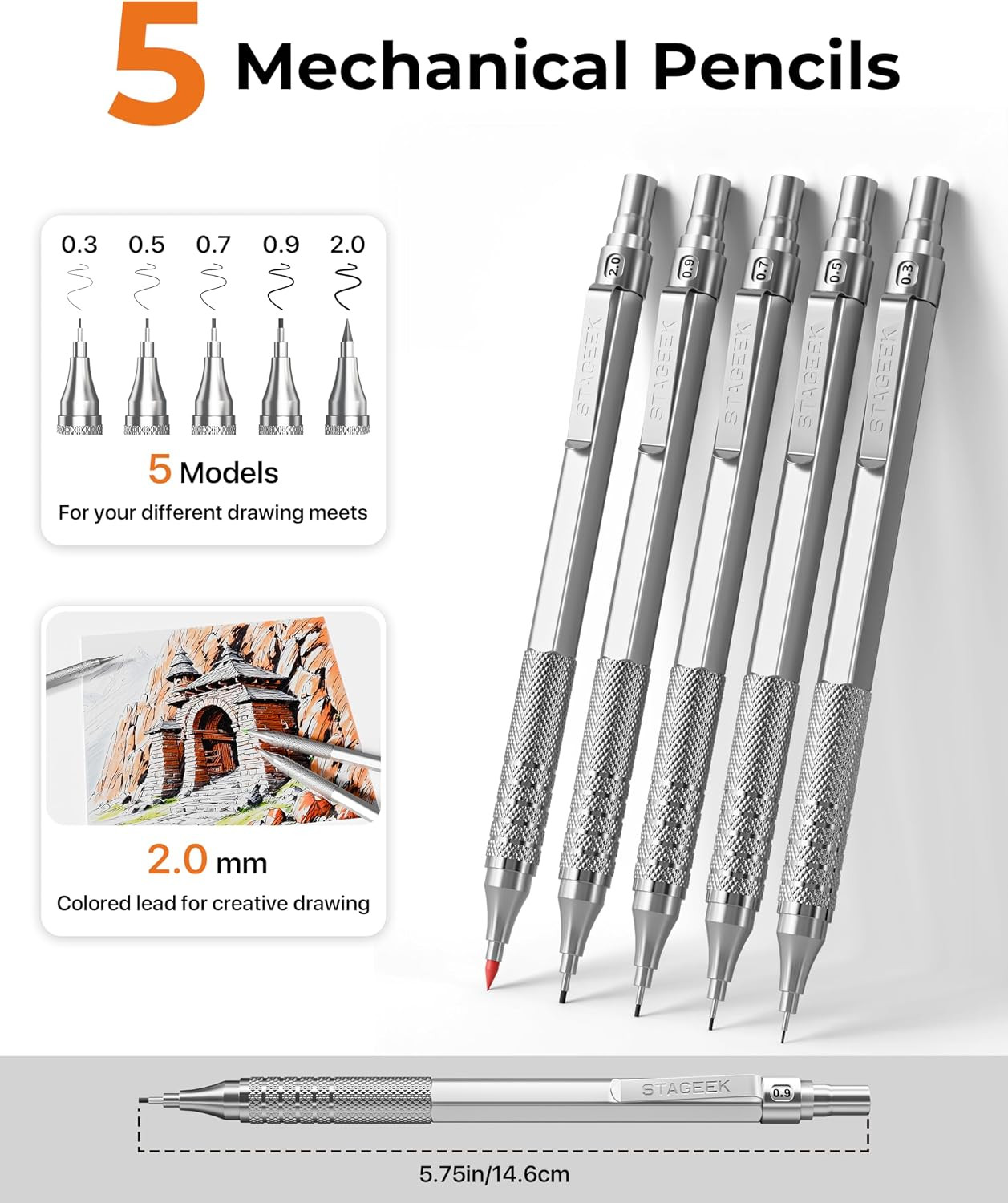 Metal Mechanical Pencil Set in Leather Case, 5PCS Art Drafting Pencil