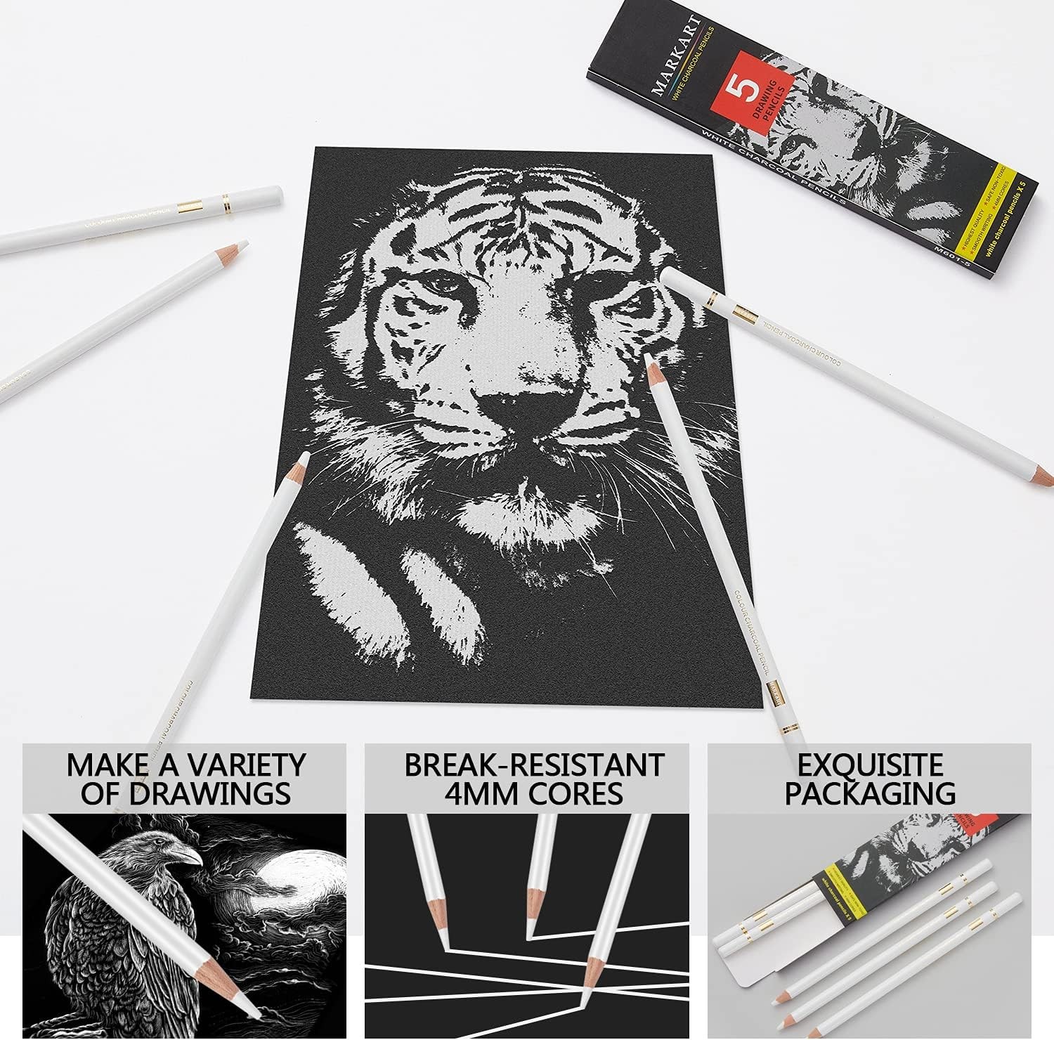 MARKART Professional White Charcoal Pencils Set, 5 5 Count (Pack of 1),