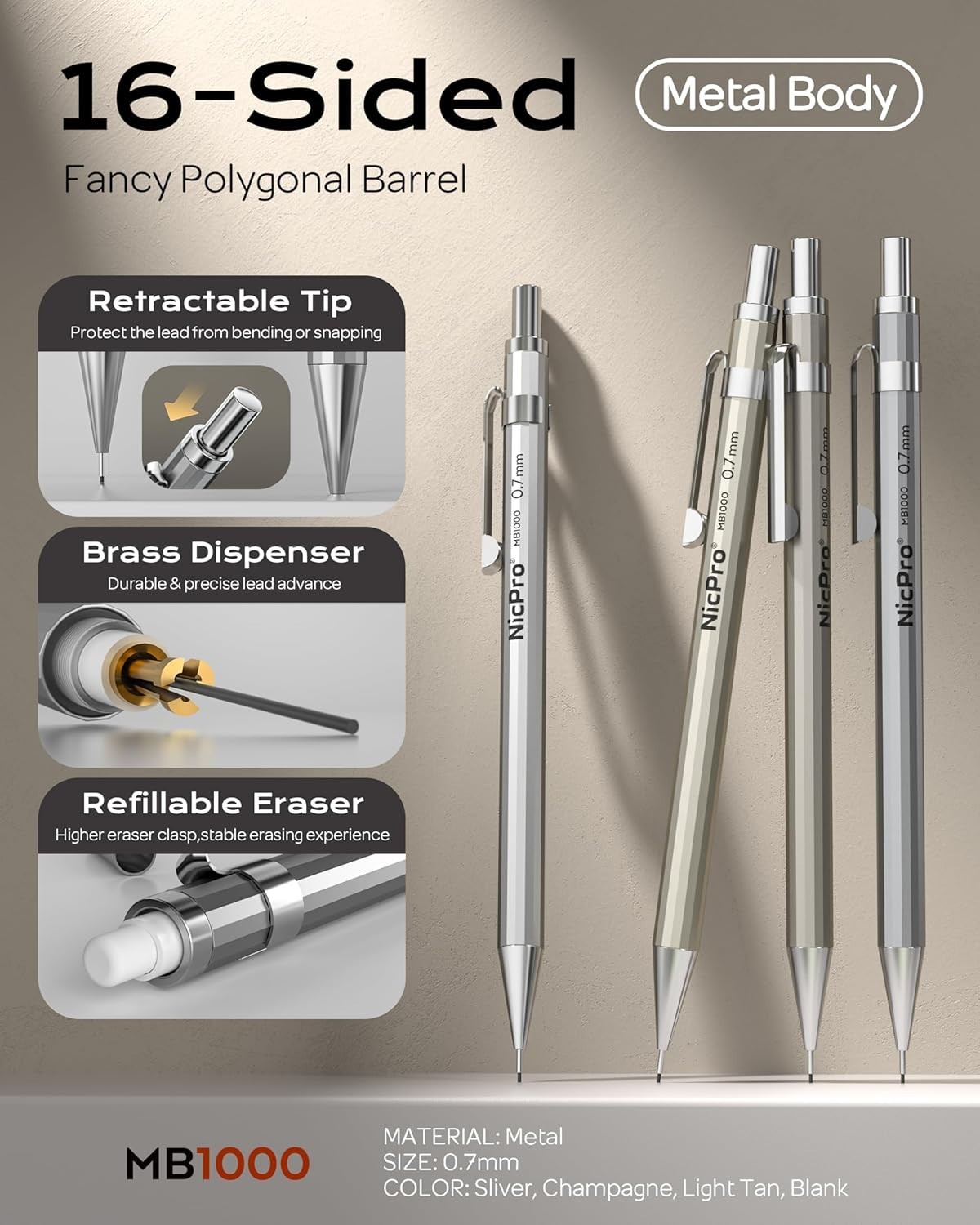 4 Pack Mechanical Pencil 0.7mm with Case, MB1000 Metal Mechanical Pencil Set …