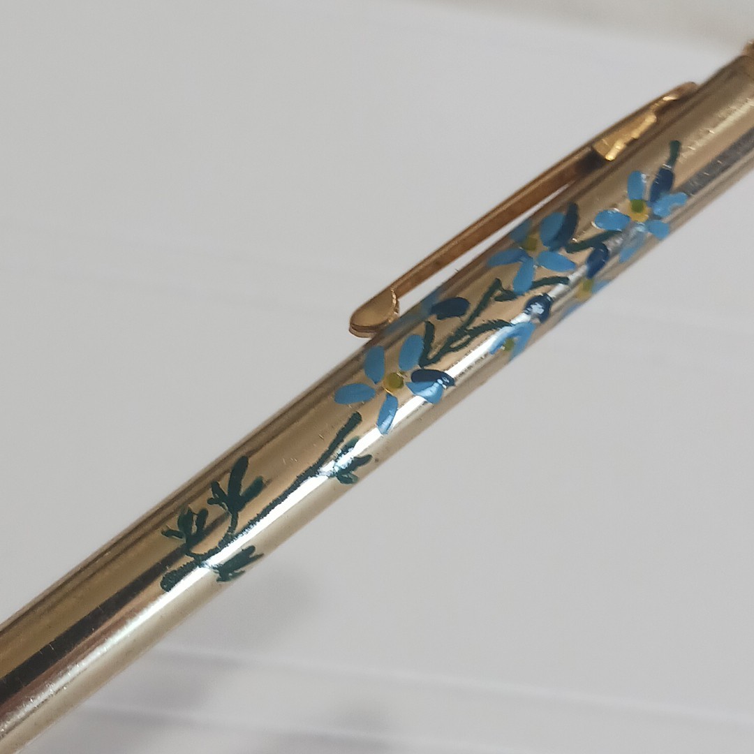 Vtg Pencil Glass Ruby Birthstone Mechanical 3¾” Hand Painted Floral by Mascot