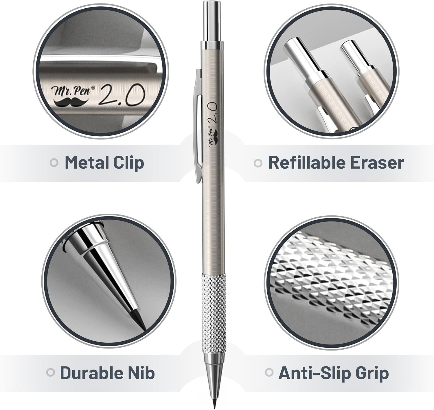– Metal Mechanical Pencil Set with Lead and Eraser Refills, 5 Sizes