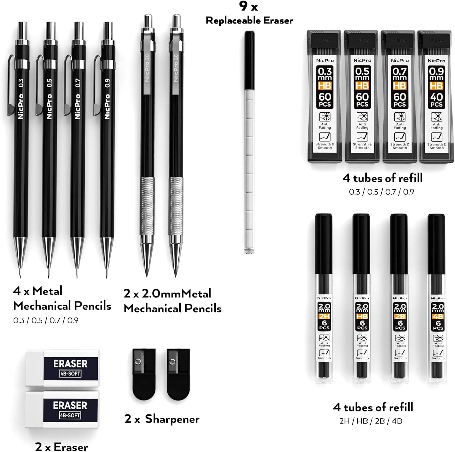 Premium Black Metal Mechanical Pencils Set – 5 Fine Tips for All Creative Needs