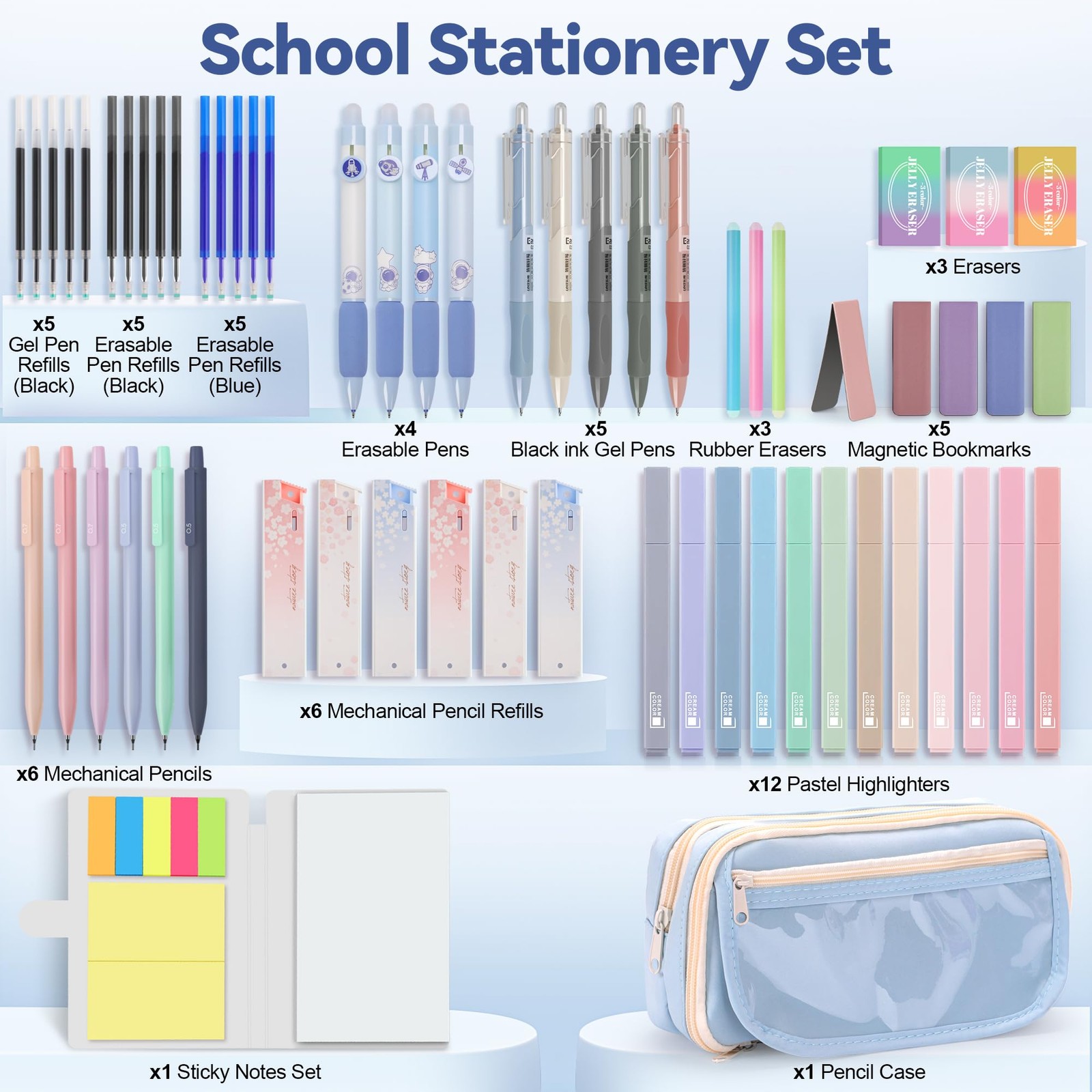 61 PCS Aesthetic School Supplies Set with Cute Pencil Case, Pastel No Bleed H…