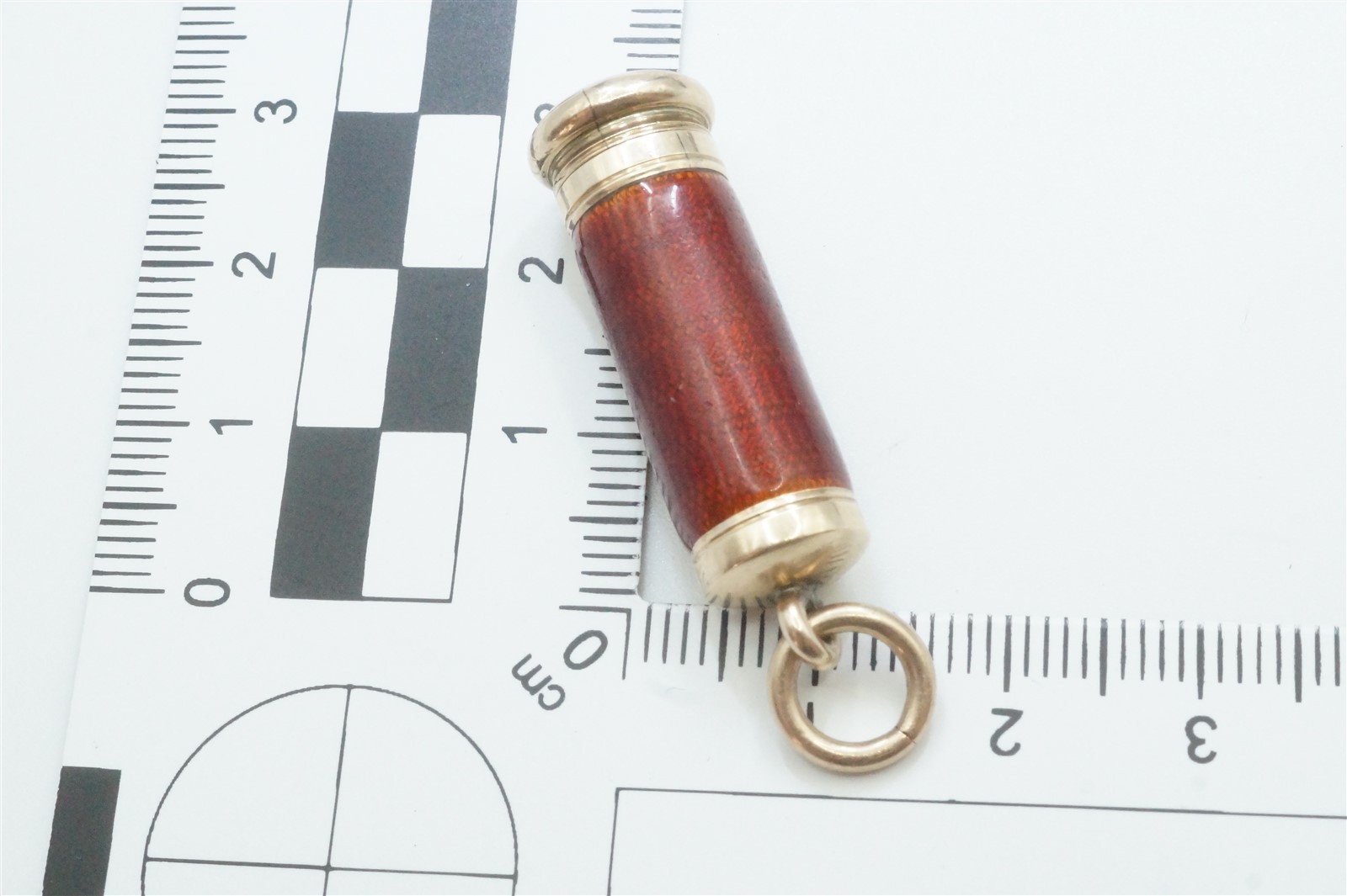 ANTIQUE ENGLISH 9k GOLD ENAMEL ‘MAGIC’ BULLET PENCIL FOB CHARM c1900