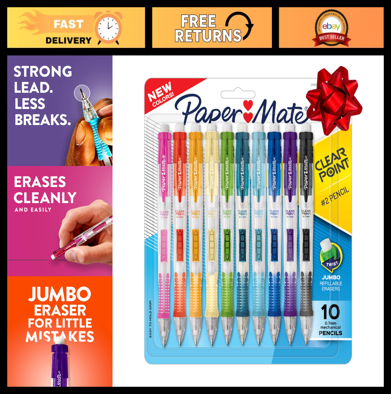 Clearpoint Mechanical Pencils 0.7mm HB #2 Lead – Assorted Colors, 60 Count, Back