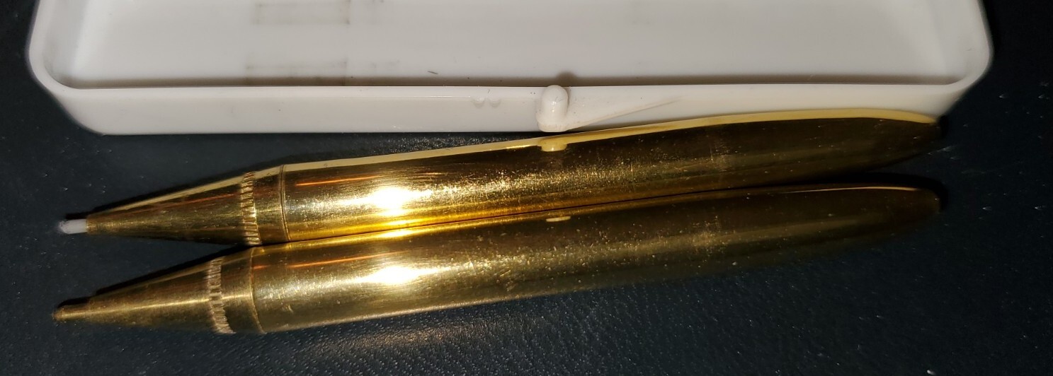 Vintage Goldtone Gold Pen Pencil Set with Blue Rhinestone Case Small 3″ MCM