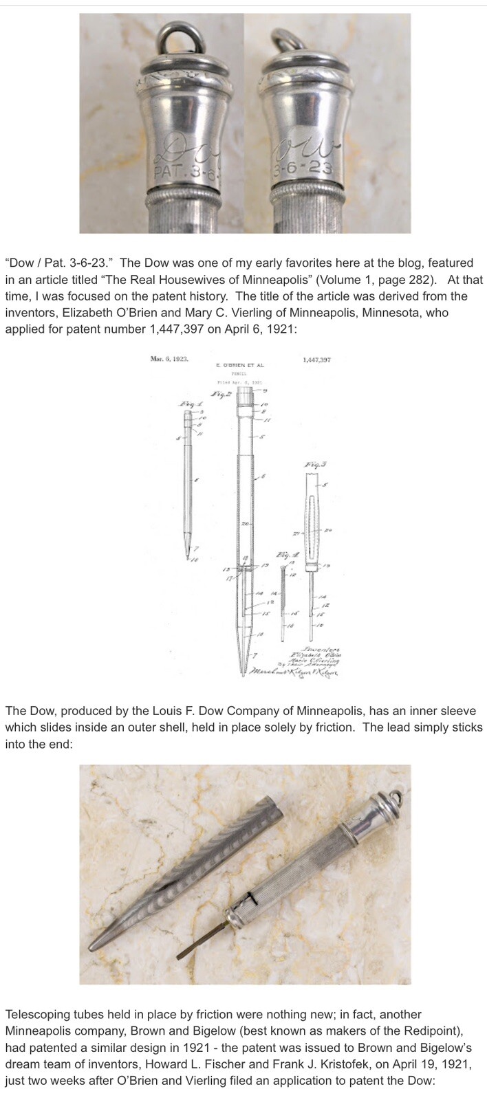 Antique RARE DOW 1922 Mechanical Pencil Lead Pencil Patent Pending A315
