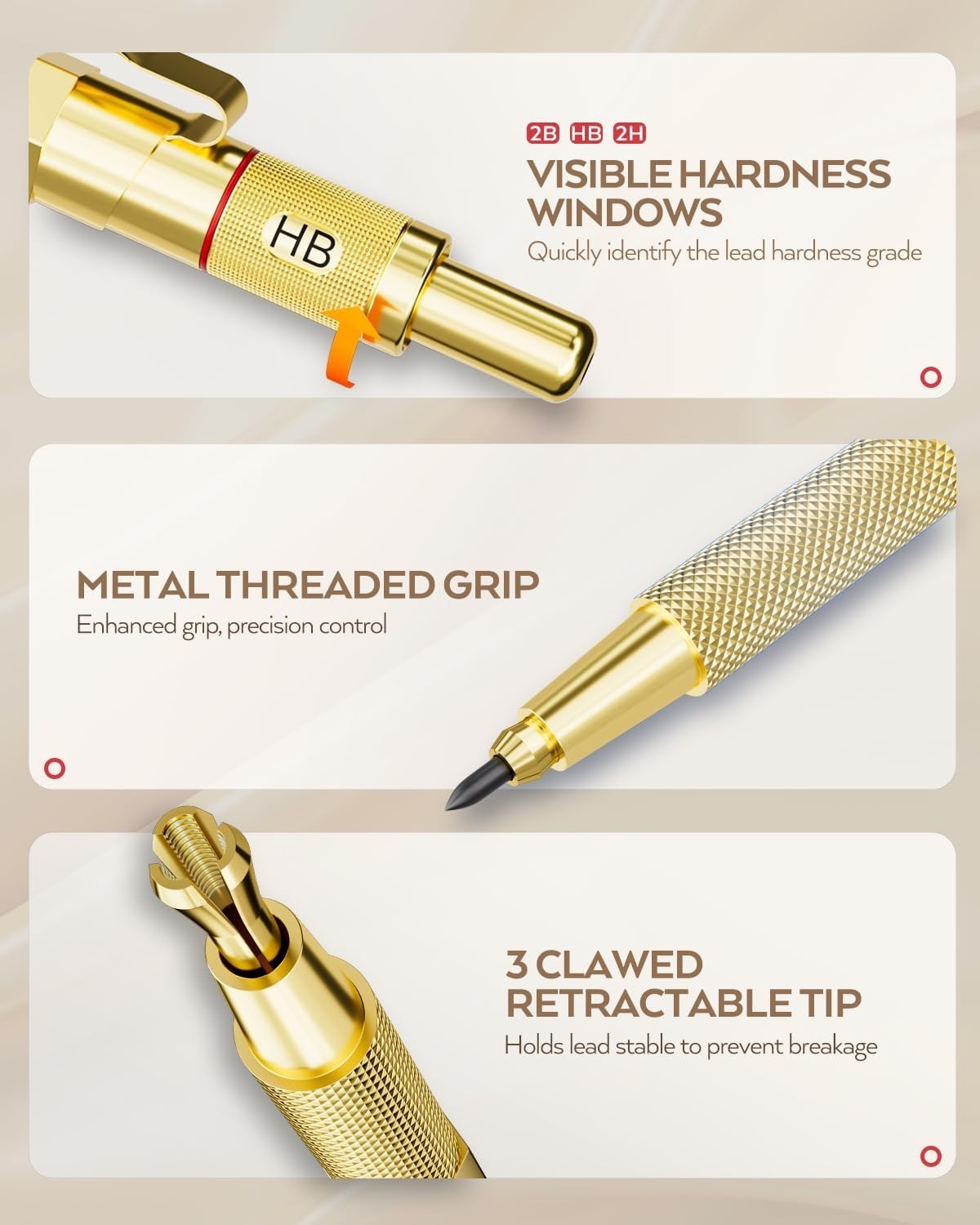Gold Art Mechanical Pencil Set | Metal Drafting Pencil 0.5, 0.7, 0.9mm & 2mm