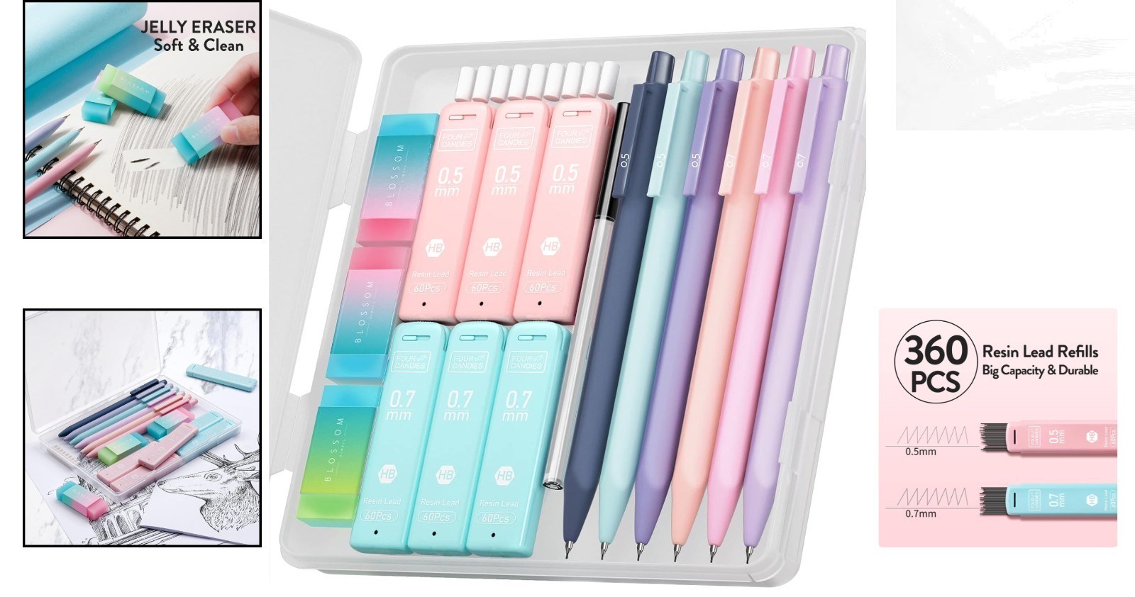 Stylish 6PCS Mechanical Pencils with 360 Leads & Cute Storage Case for School