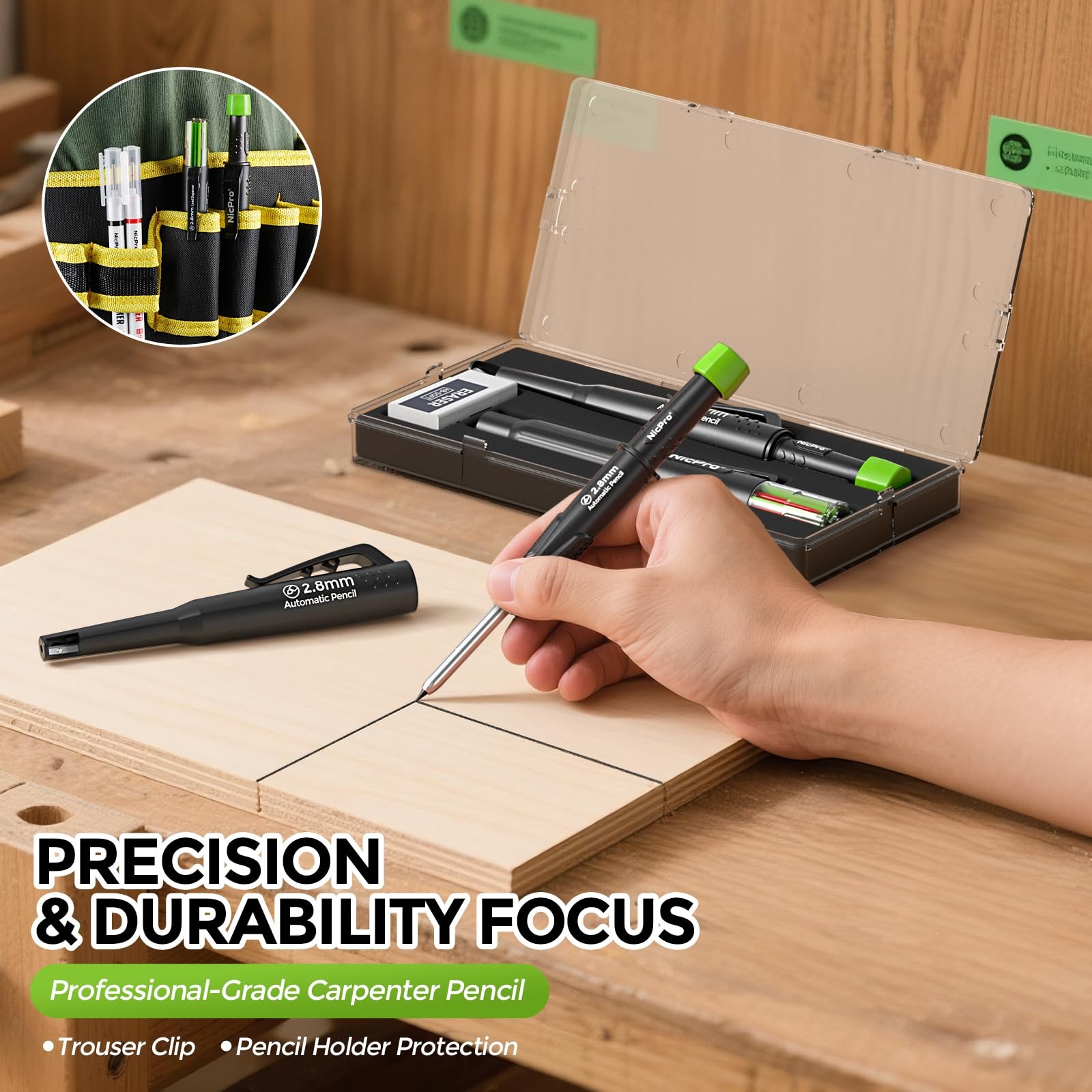 Nicpro Carpenter Pencil with Sharpener, CP3000 1 Count (Pack of 5), Black