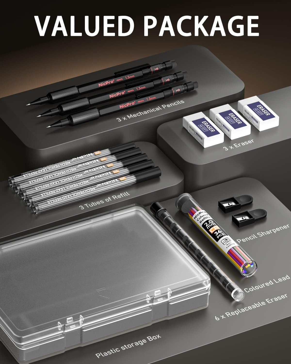 3 Pack 2Mm Mechanical Pencils Set with Case, 33 Graphite Lead Refills (4B 2B HB