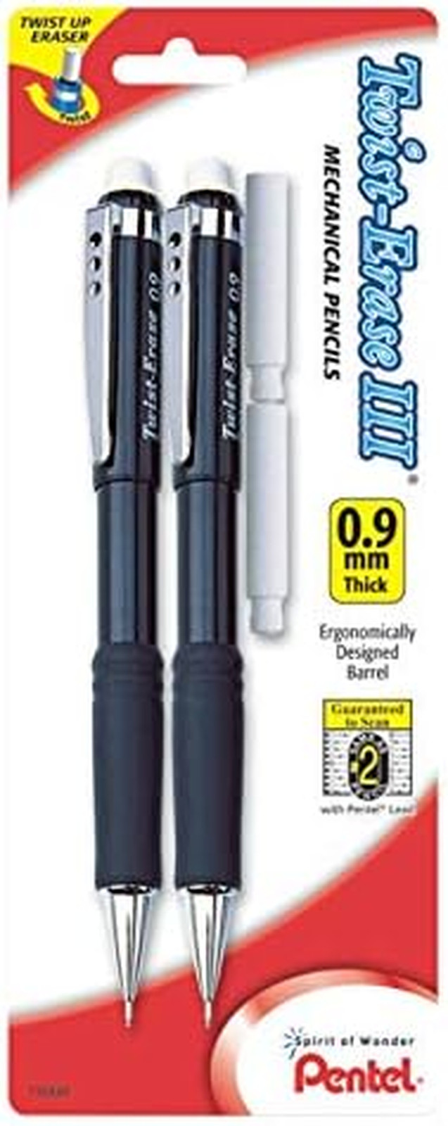 Pentel Twist-Erase III Mechanical Pencil, (0.9Mm), Assorted Barrel Colors with 2