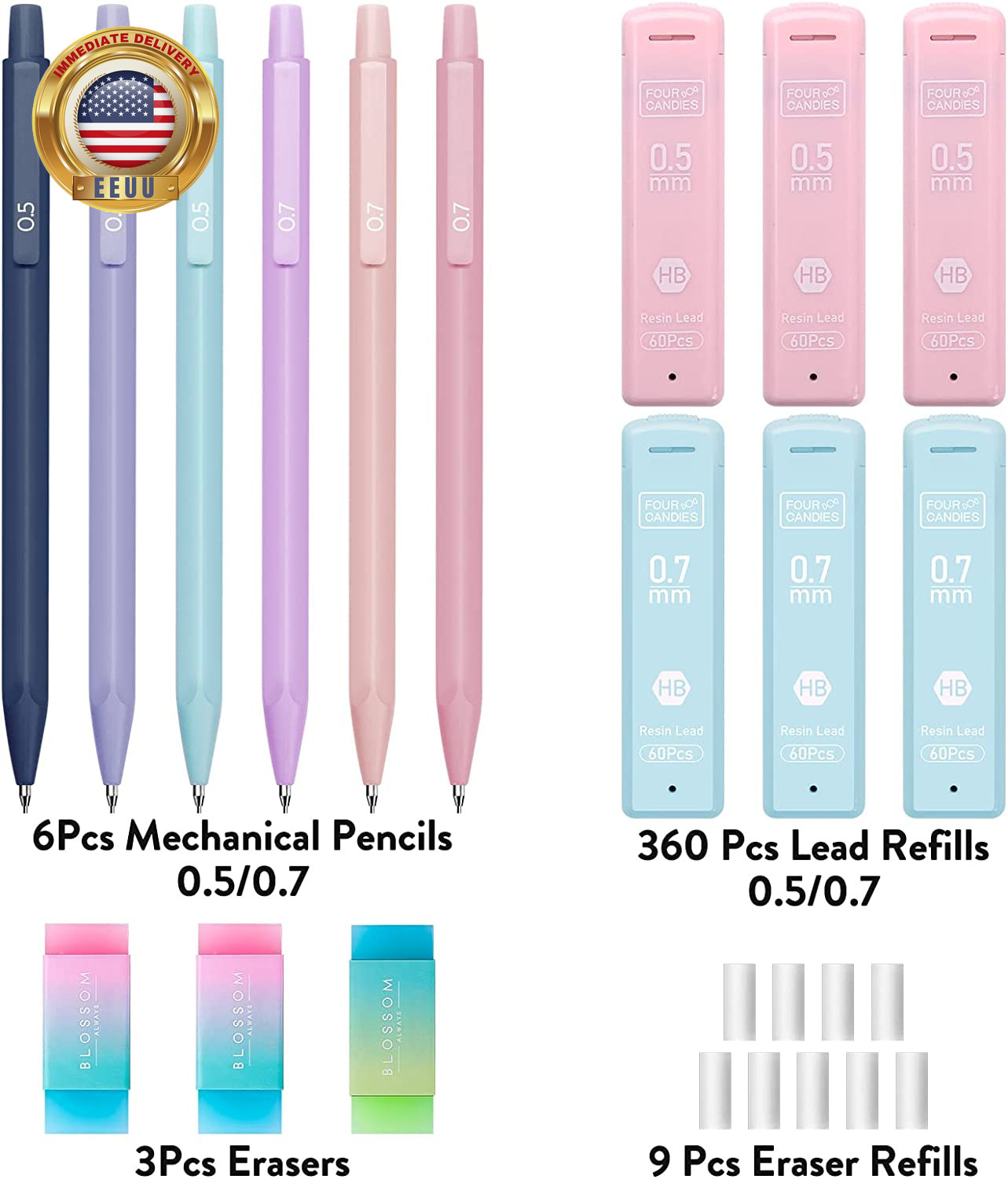 Cute Mechanical Pencil Set, 6PCS Pastel Mechanical Pencils 0.5 & 0.7Mm with 360P
