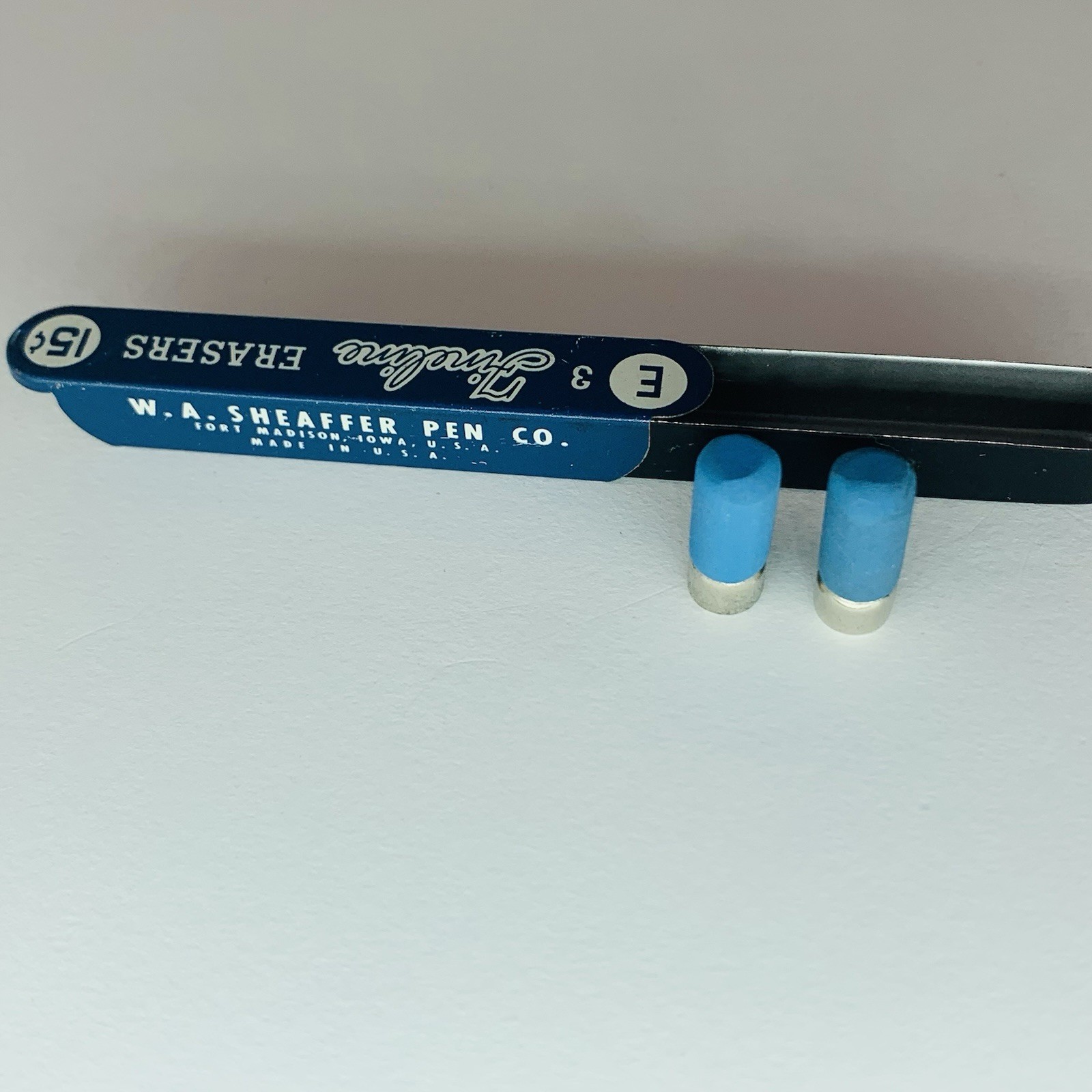2 Vintage SHEAFFERS Fineline E 3 Mechanical Pencil Erasers & Blue Metal Tin USA