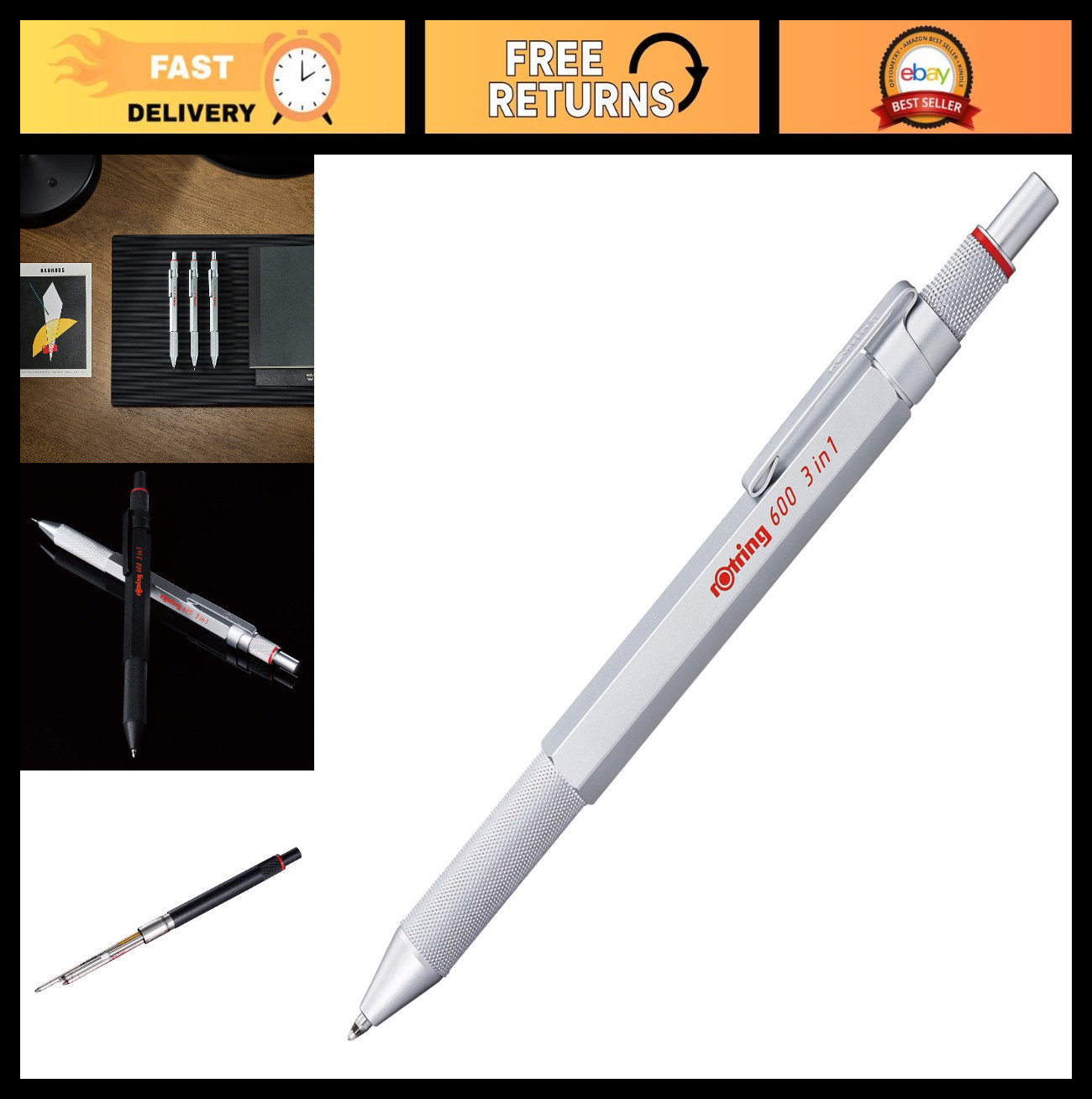 3-in-1 Multicolor Pen & Mechanical Pencil, 2 Ballpoint Tips (Black/Red), 0.5mm P