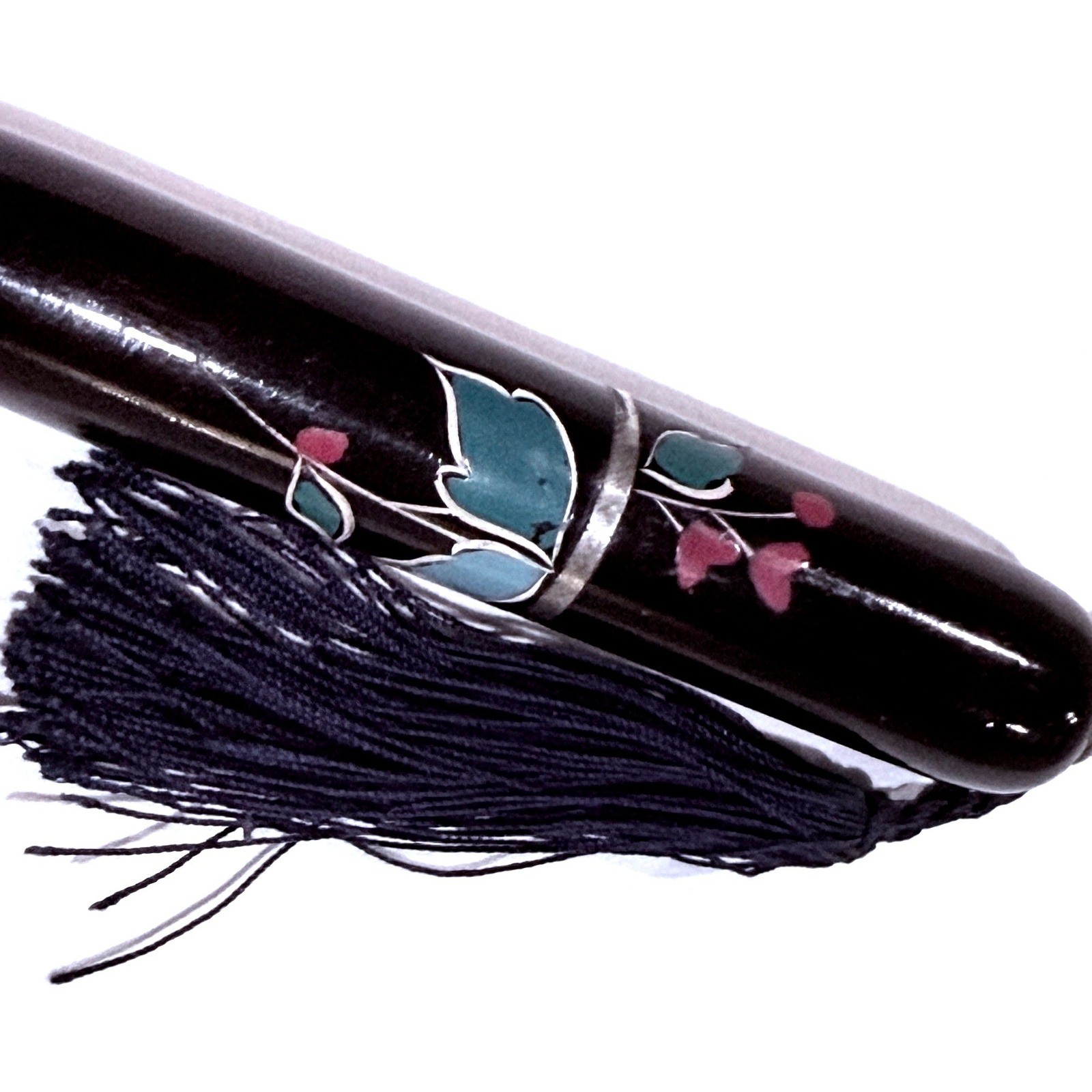Vintage Cloisonne Mechanical Pencil Tassel Style Black Floral Enamel MCM