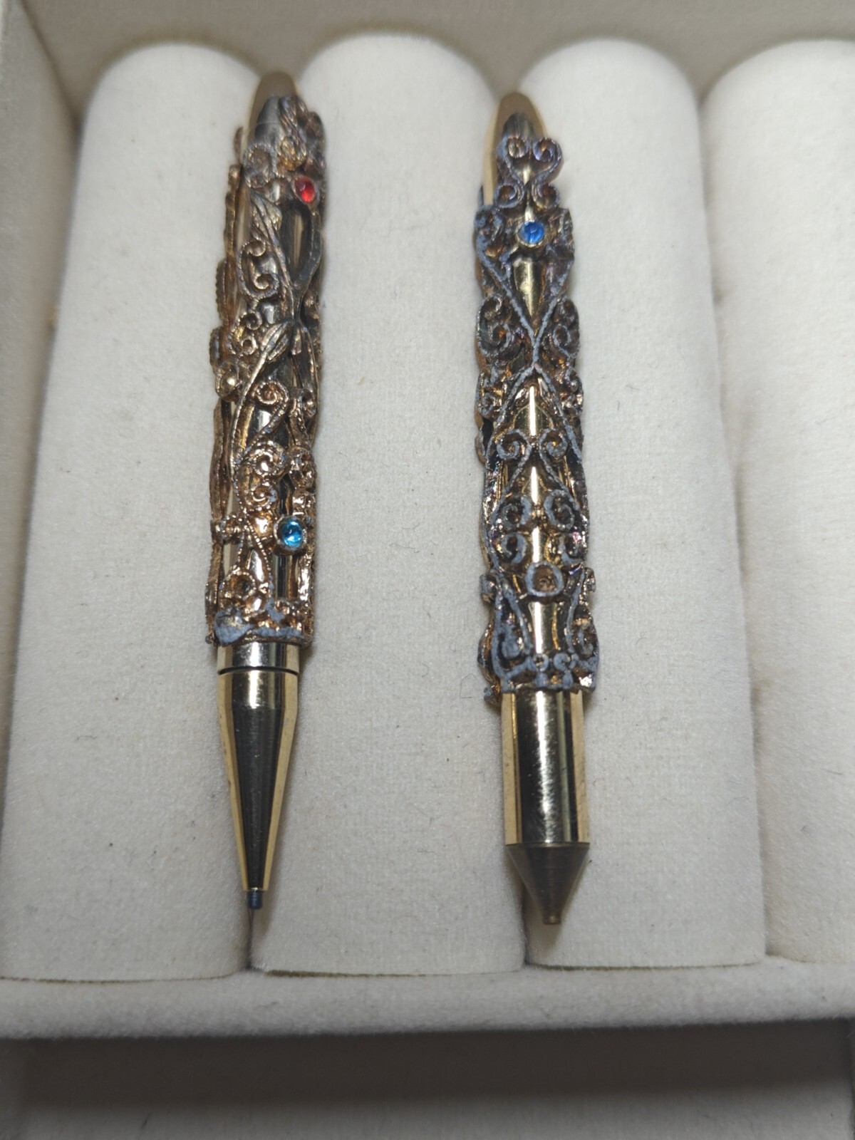 Vintage Gold Tone Filigree Mini Pen & Pencil with Rhinestones 1960s