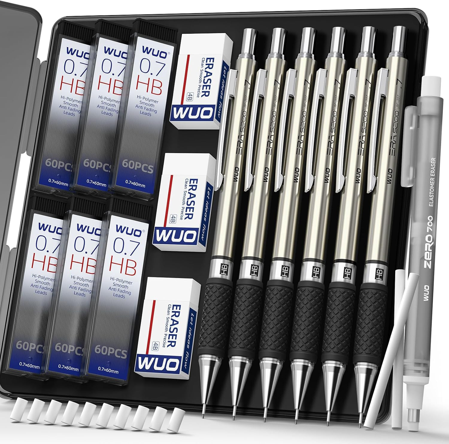 WUO 0.7Mm Mechanical Pencil Set in Storage Case, 6PCS Metal Drafting Pencils wit