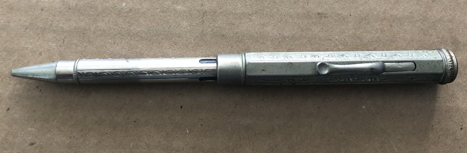 Vintage GERMANY Mechanical Pencil Silver Tone Fancy Art Deco 4 FOUR COLOR