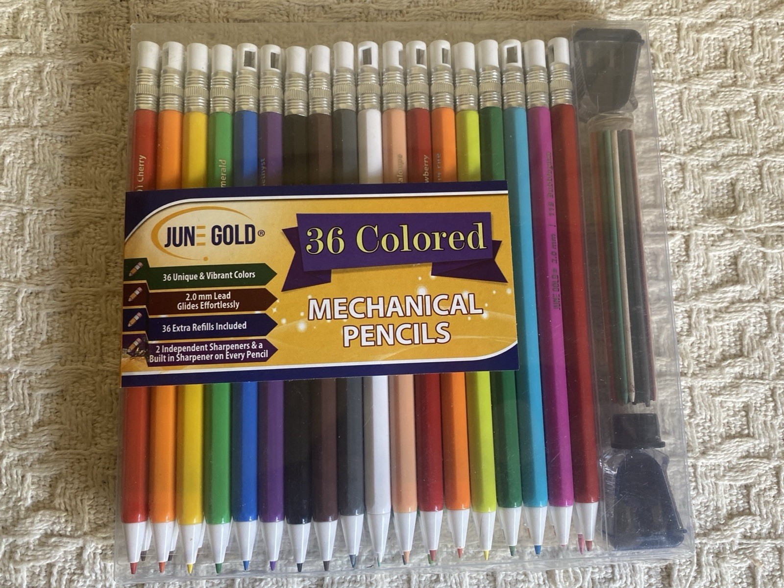 June Gold 36 Vibrant Colors 2.0 mm Mechanical Pencils & 36 Extra Refills NEW