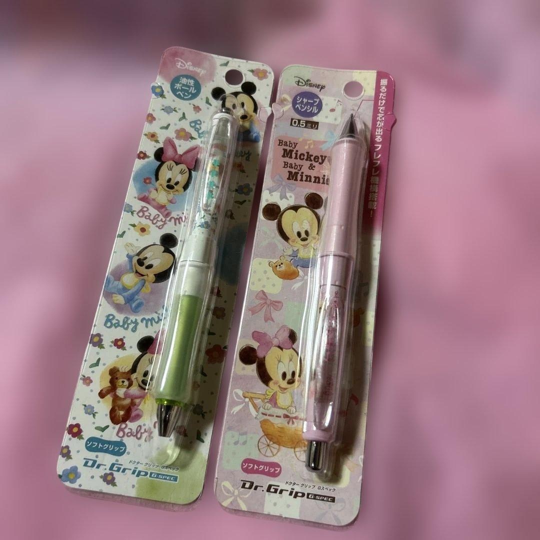 Rare Disney Baby Mickey Minnie Doctor Grip Mechanical Pencil & Ballpoint Pen