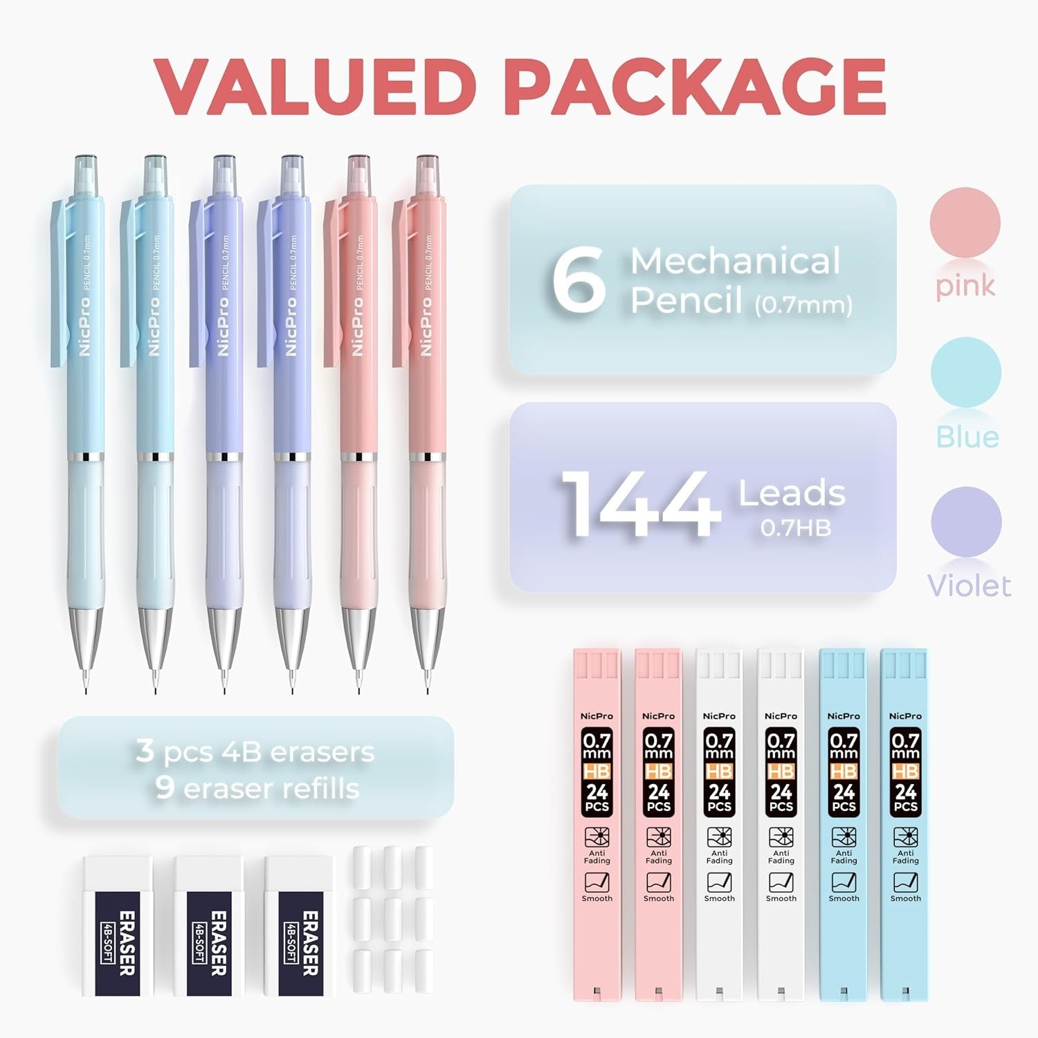 Complete Cute Pastel 6PCS Mechanical Pencil Set with Storage Case for Students