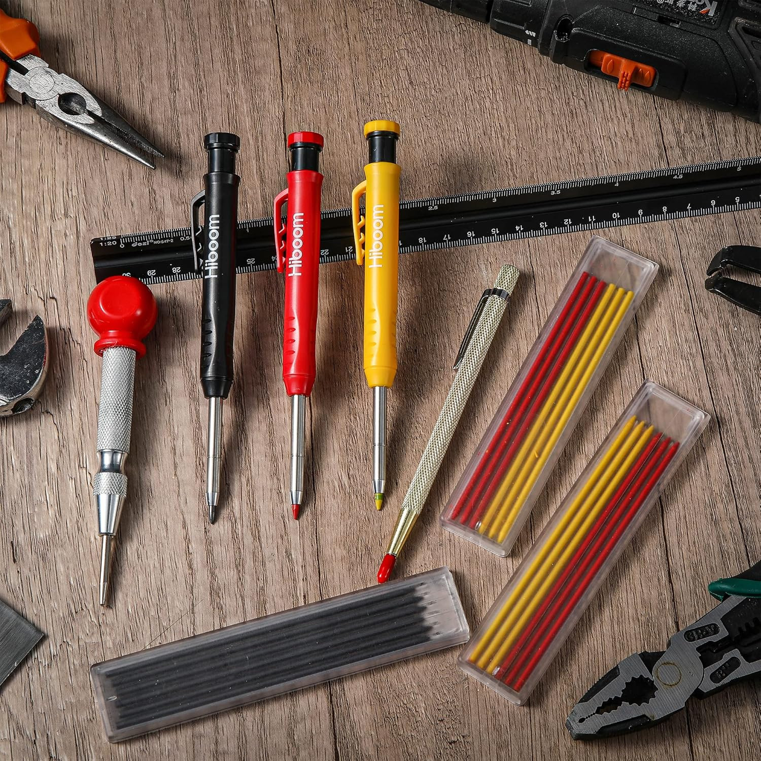 8 Pack Carpenter Pencils Set with 18 Refills (Red, Black, Yellow) and Sharpener,