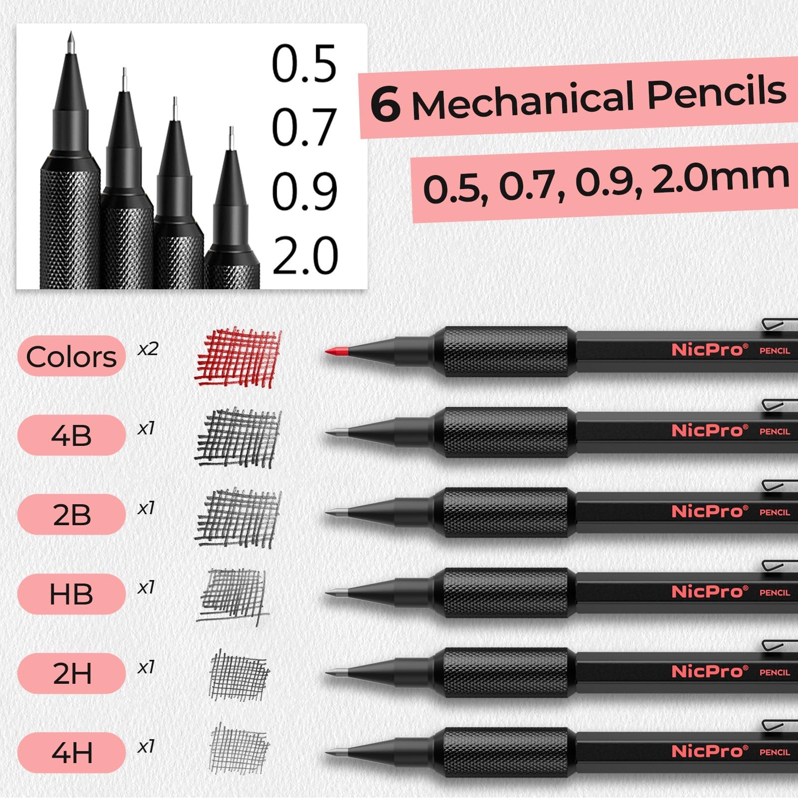 Nicpro Metal Mechanical Pencil Set, 3PCS Art Drafting 6 Pack, Black