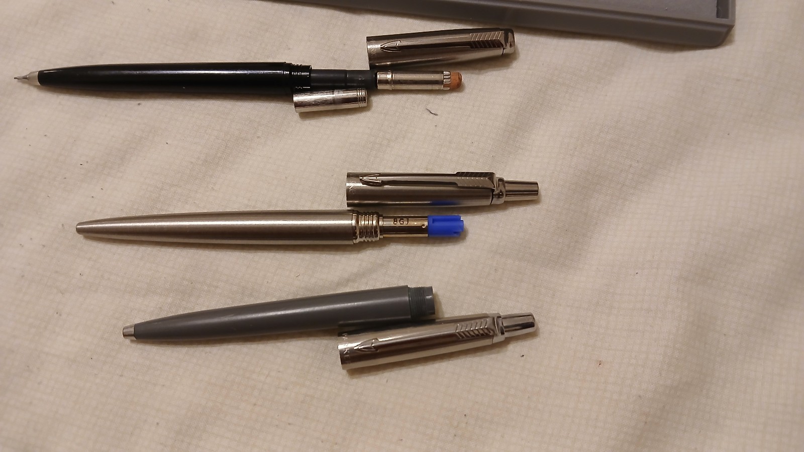 Parker, 1970’s Mechanical Pencil & 2 Ballpoints, one w/o Refill Ink