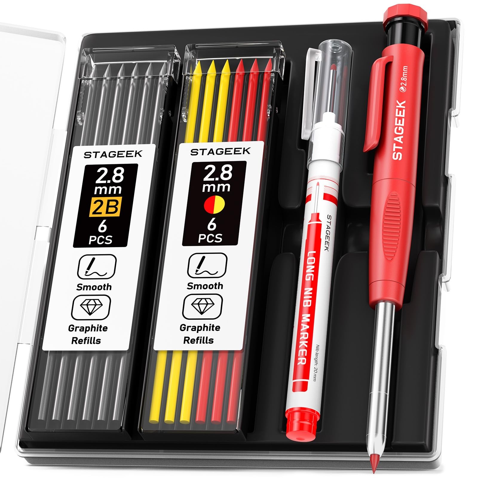 Carpenter Pencils Set with Sharpener and 13 Refills for Woodworking