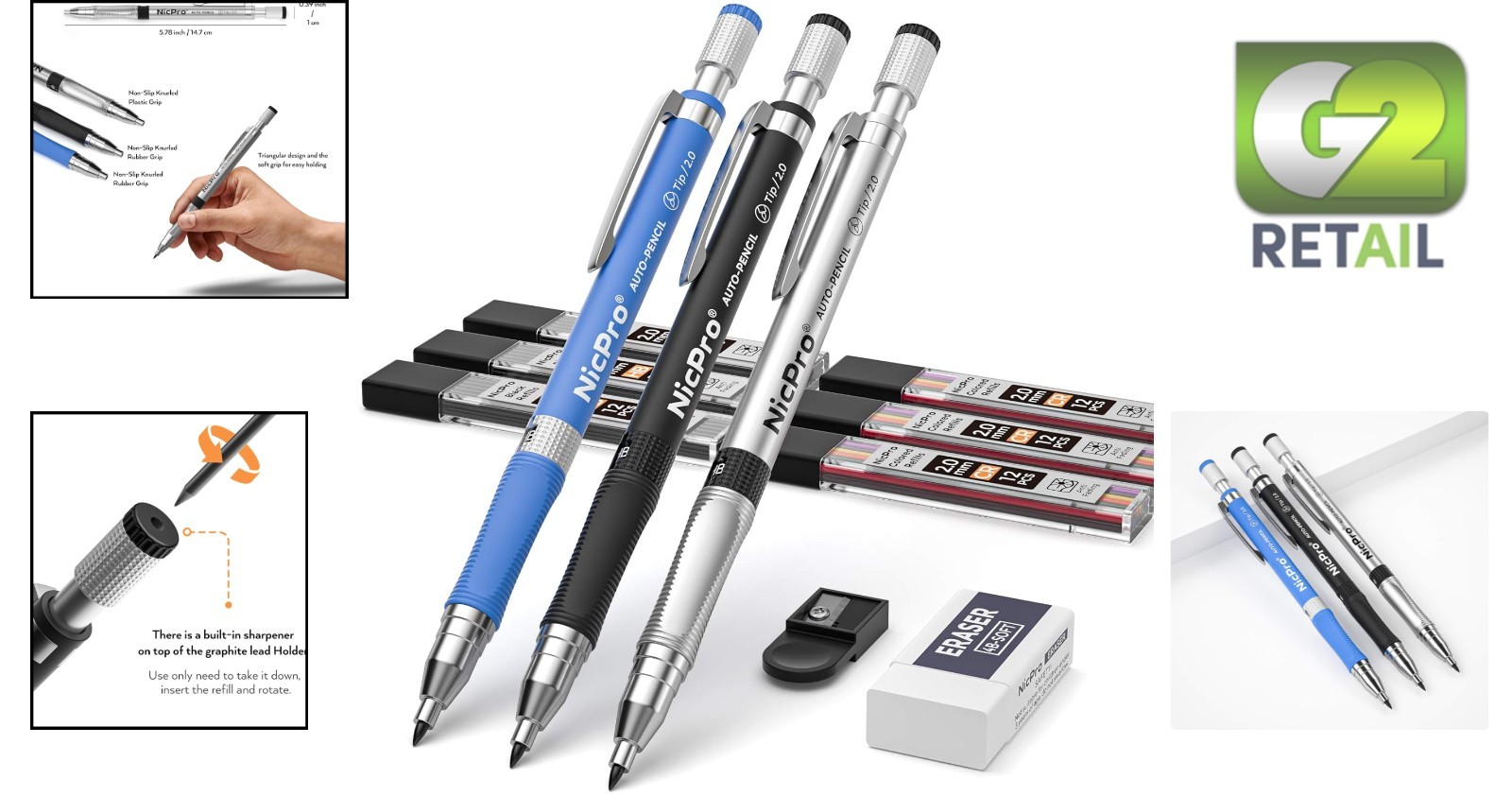 Versatile 2mm Mechanical Pencil Set with Non-Slip Grip & Convenient Sharpener