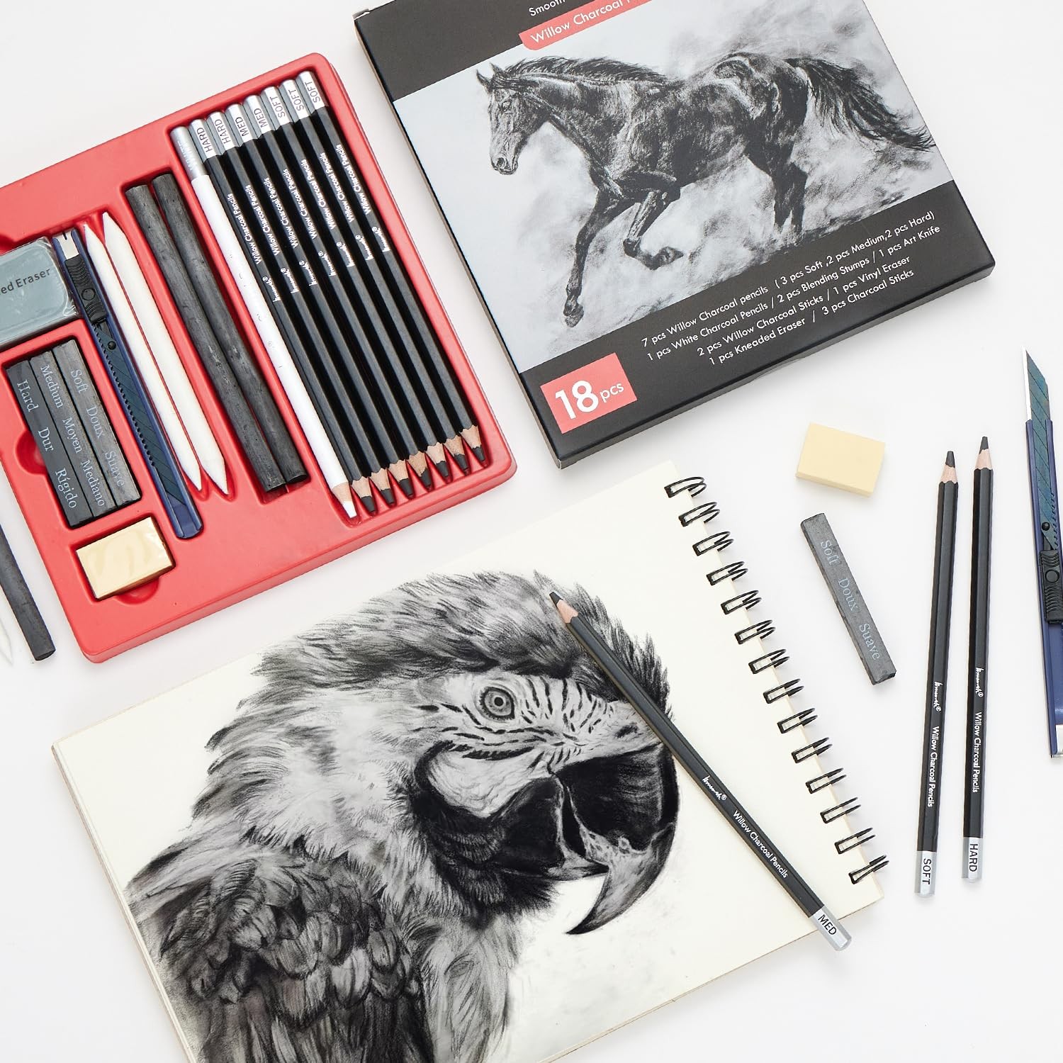 Brusarth Charcoal Pencils for Drawing, 18 Pcs Art Pencil Kit, Black,White