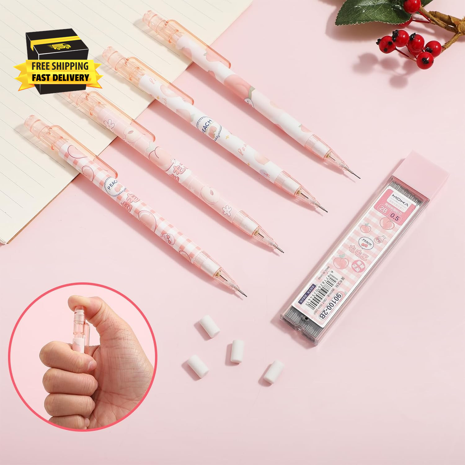 Cute Mechanical Pencil Set, 4 Pcs 0.5Mm Kawaii Mechanical Pencils with 1 Tubes H