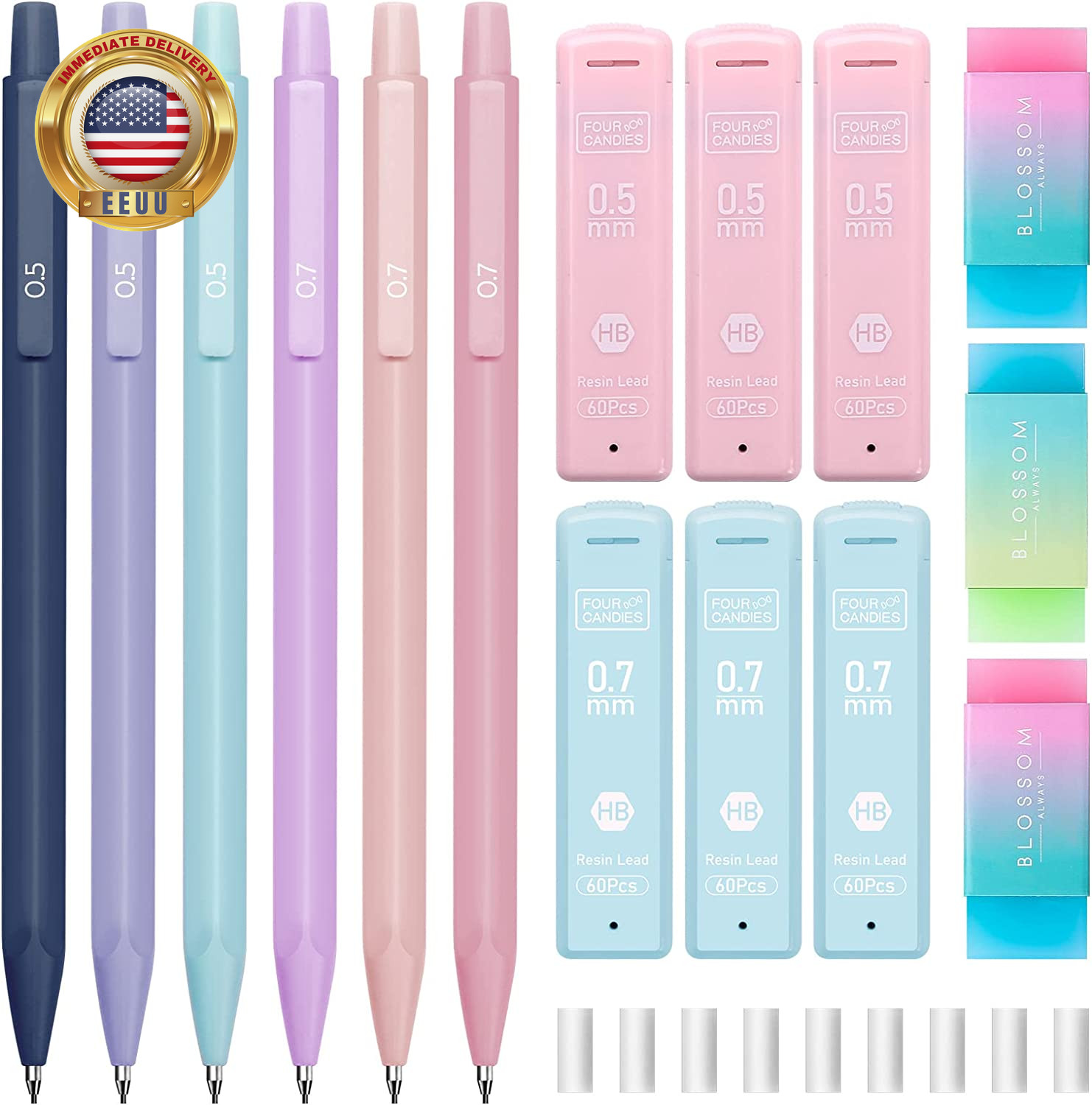 Cute Mechanical Pencil Set, 6PCS Pastel Mechanical Pencils 0.5 & 0.7Mm with 360P