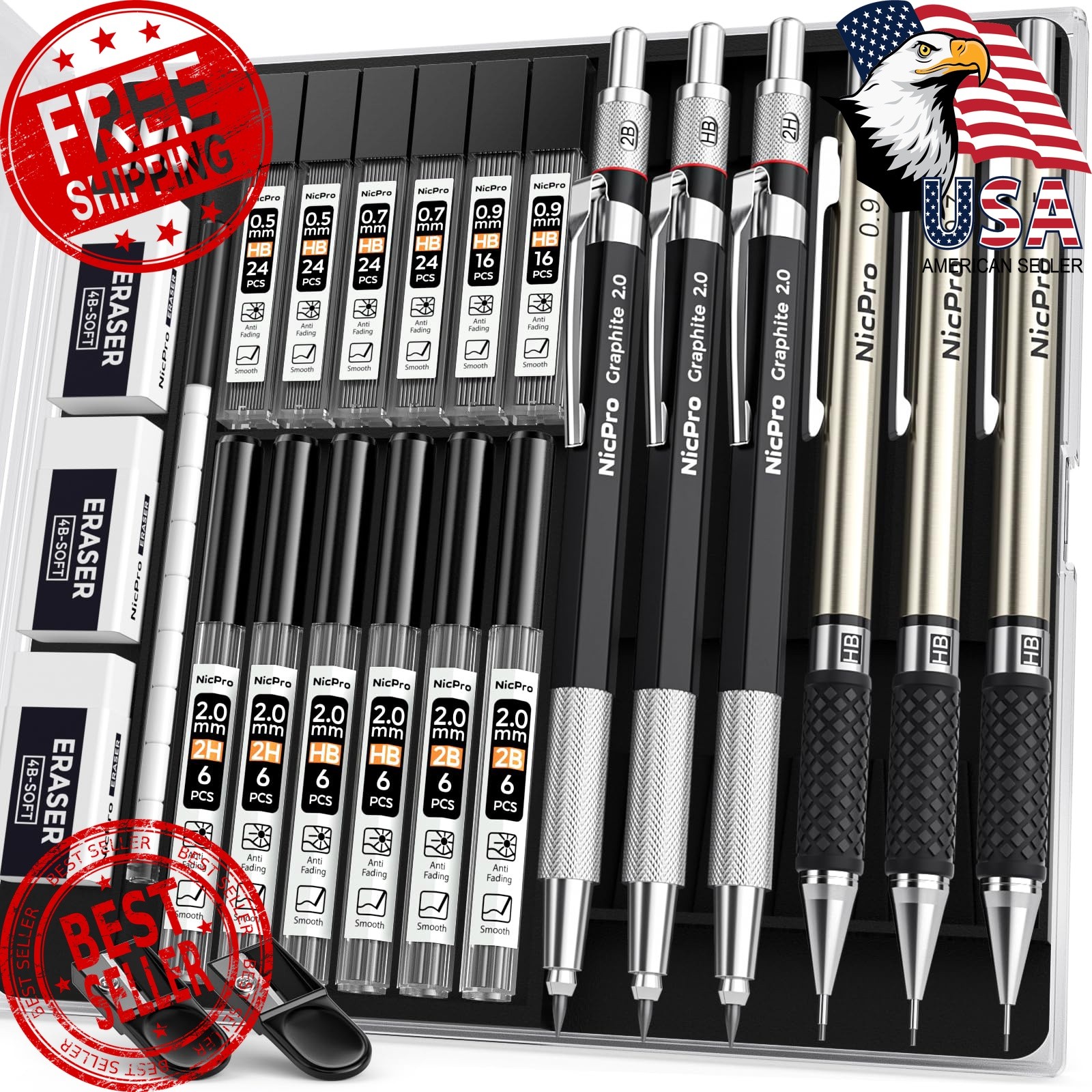 Nicpro Mechanical Pencils 0.5/0.7/0.9mm Silver