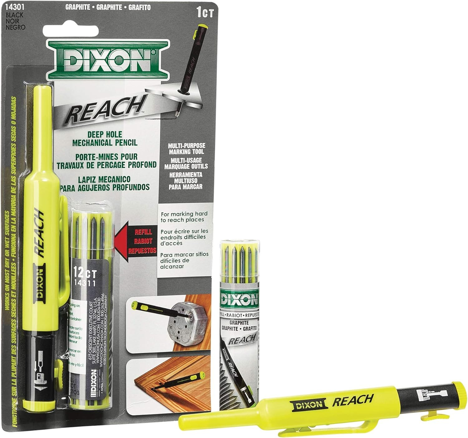 Industrial REACH- Deep Hole Mechanical Pencil with Lead Refills Included, Yellow
