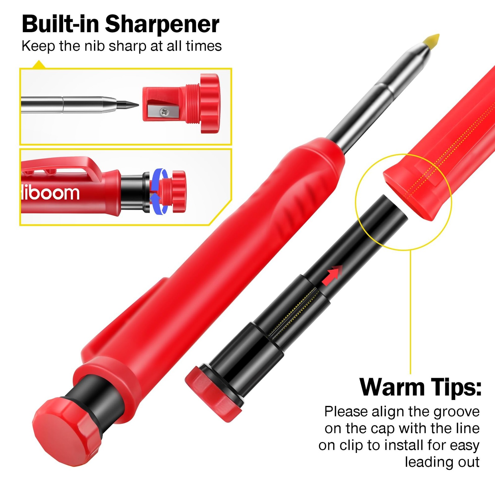Hiboom 2 Pack Solid Carpenter Pencil with 14 Refill Long Nosed Deep Hole