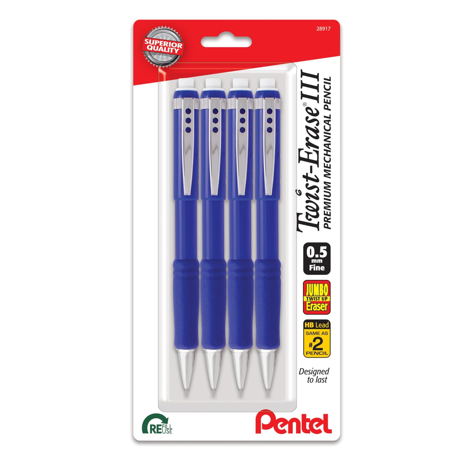 Pentel Twist-Erase III Mechanical Pencil, (0.5mm), 4 Count (Pack of 1), Black