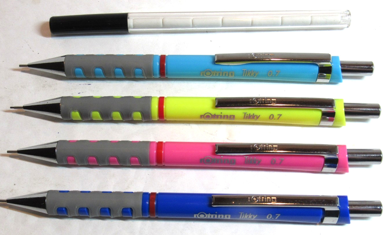 VARIETY SET OF 4 rOtring Tikky Mechanical Pencil, 0.7 mm, +9 FREE SPARE ERASERS