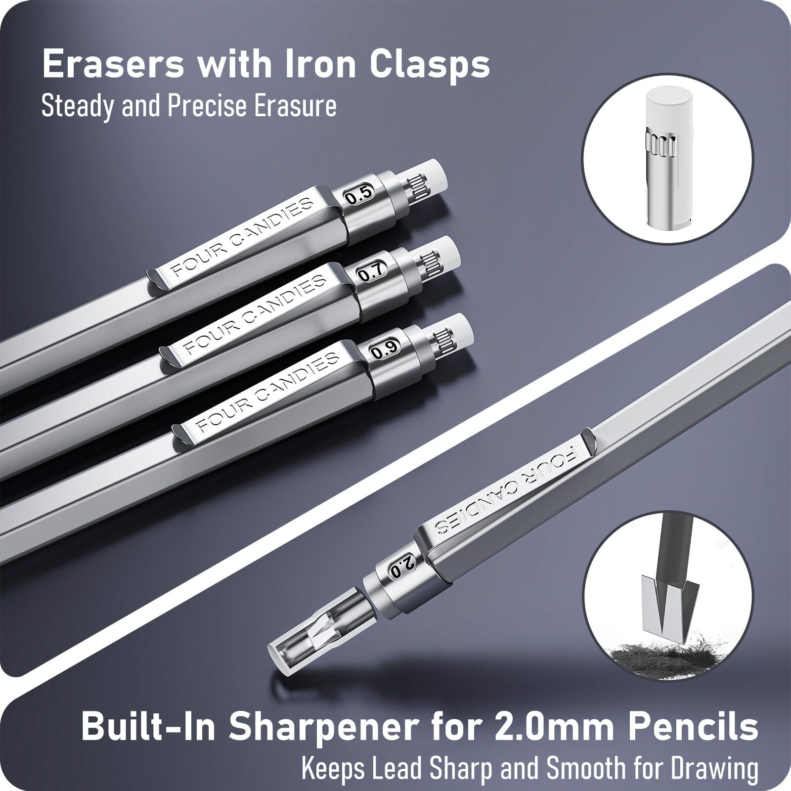 Metal Mechanical Pencil Set 3PCS Art Drafting Pencils 0.5 0.7 0.9MM & 2PCS 2M…