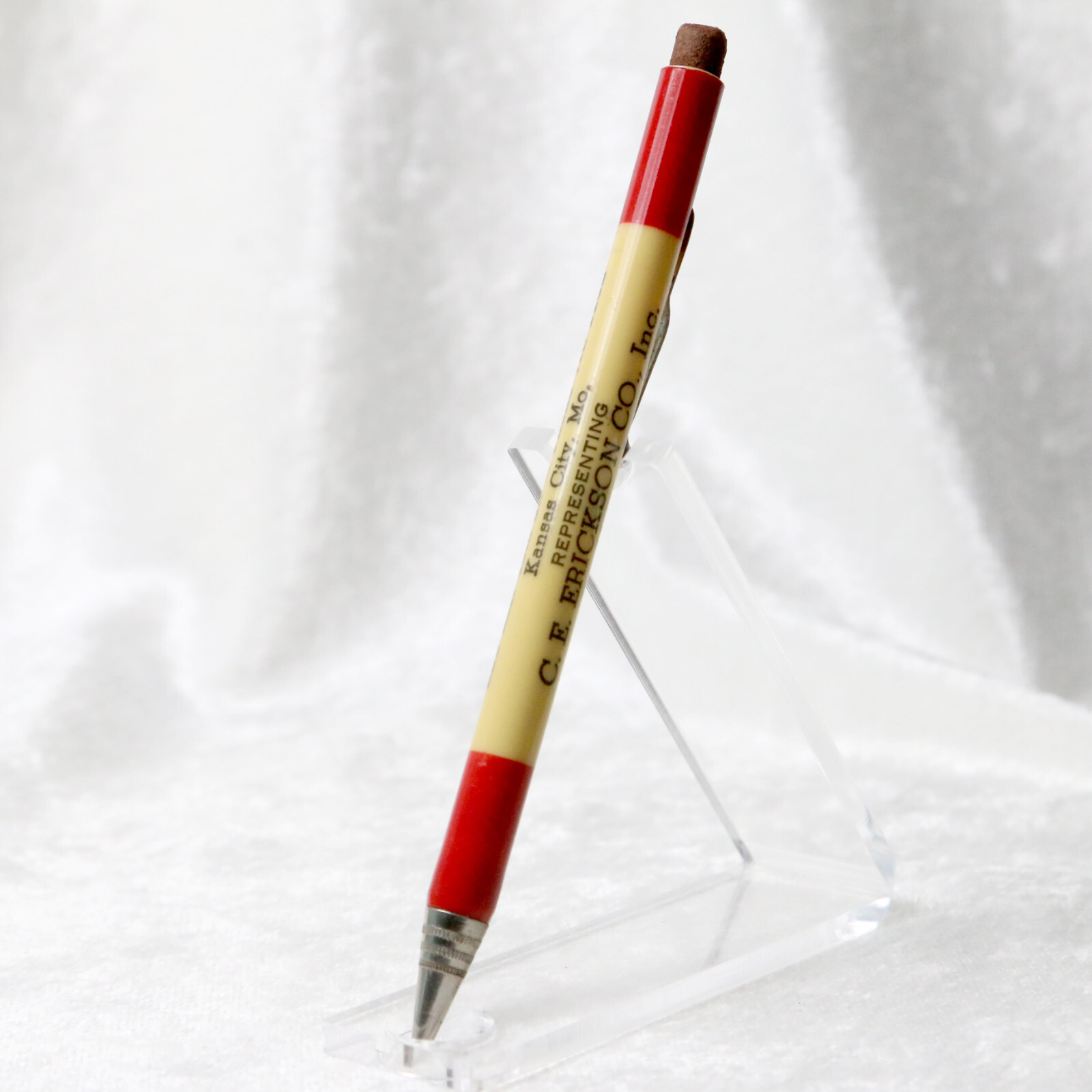 VTG 1930’s White & Red Celluloid Des Moines Iowa Advertising Mechanical Pencil