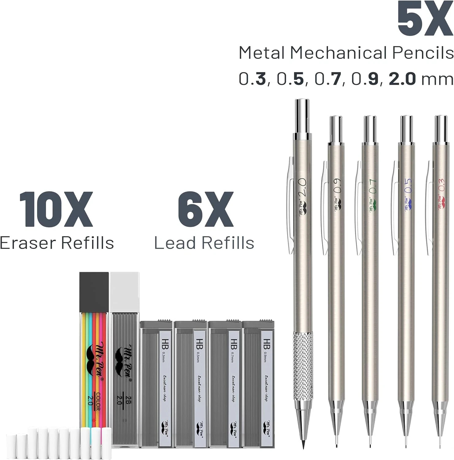Mr. Pen- Metal Mechanical Pencil Set with Lead and Eraser Refills, 5 Sizes, 0.3,