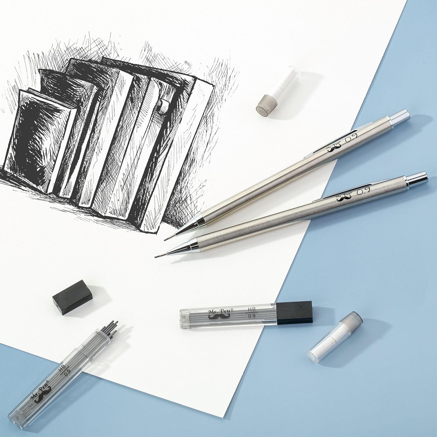 Mr. Pen- Metal Mechanical Pencil Set with Lead Refills & Erasers, 2 Pack, 0.9mm,