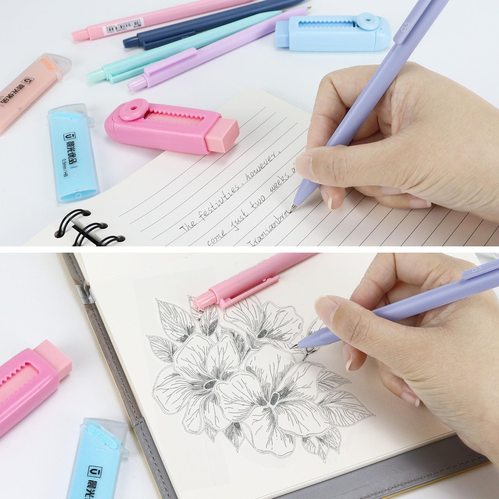 6 PCS 0.5mm Cute Pastel Mechanical Pencils Set with Lead Refills Eraser