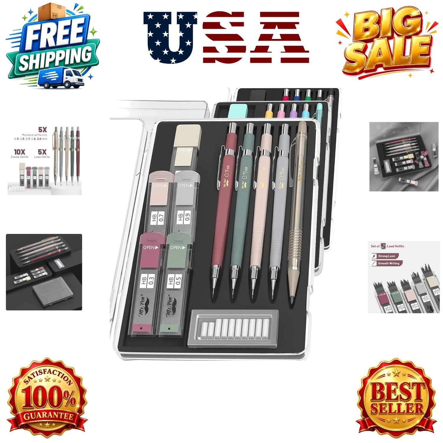 Art Mechanical Pencil Set, 5 Sizes 0.3, 0.5, 0.7, 0.9, 2.0mm | 5 HB Lead Refi…