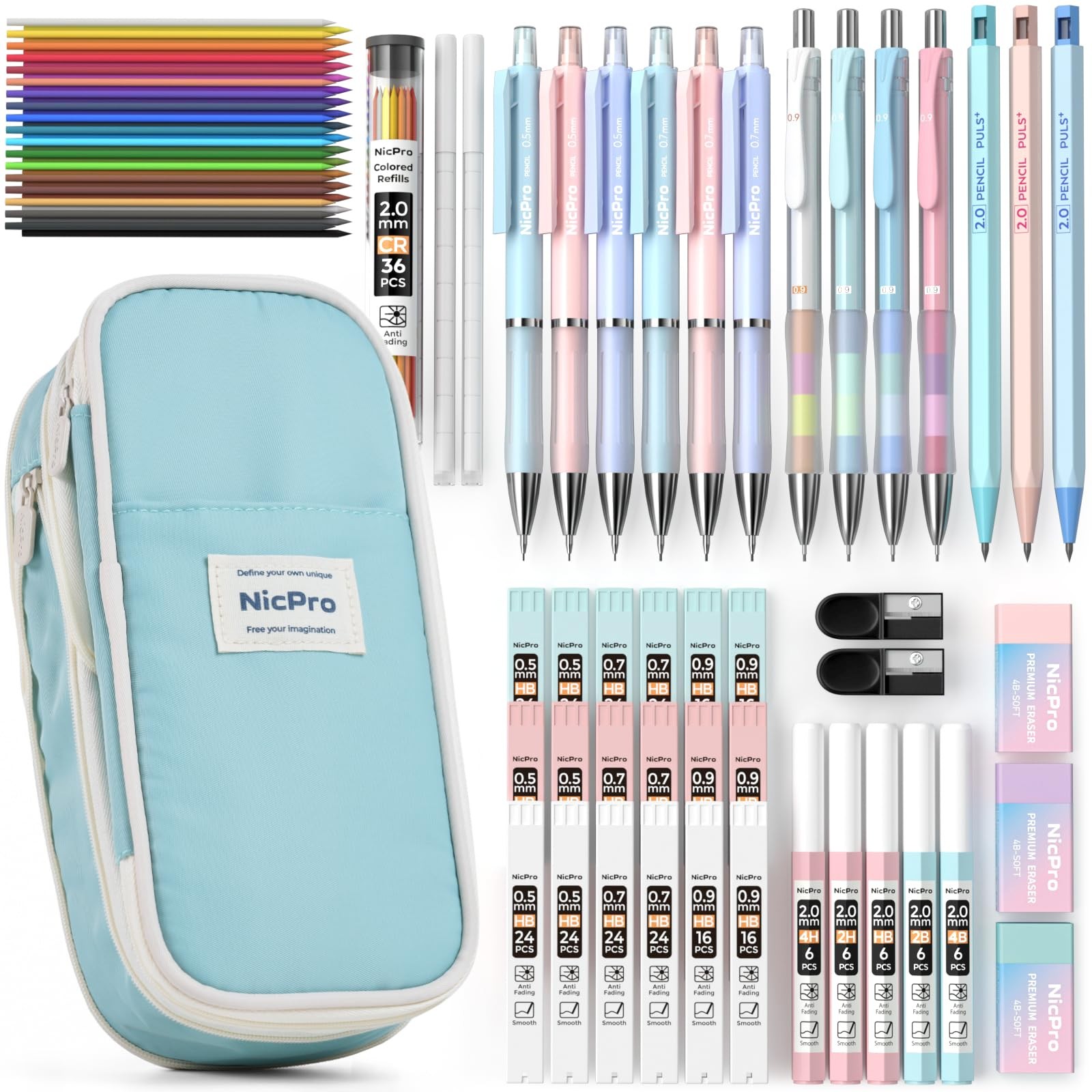 Nicpro 45PCS Aesthetic School Supplies with Pencil Case, Pastel 45 PCS, Blue