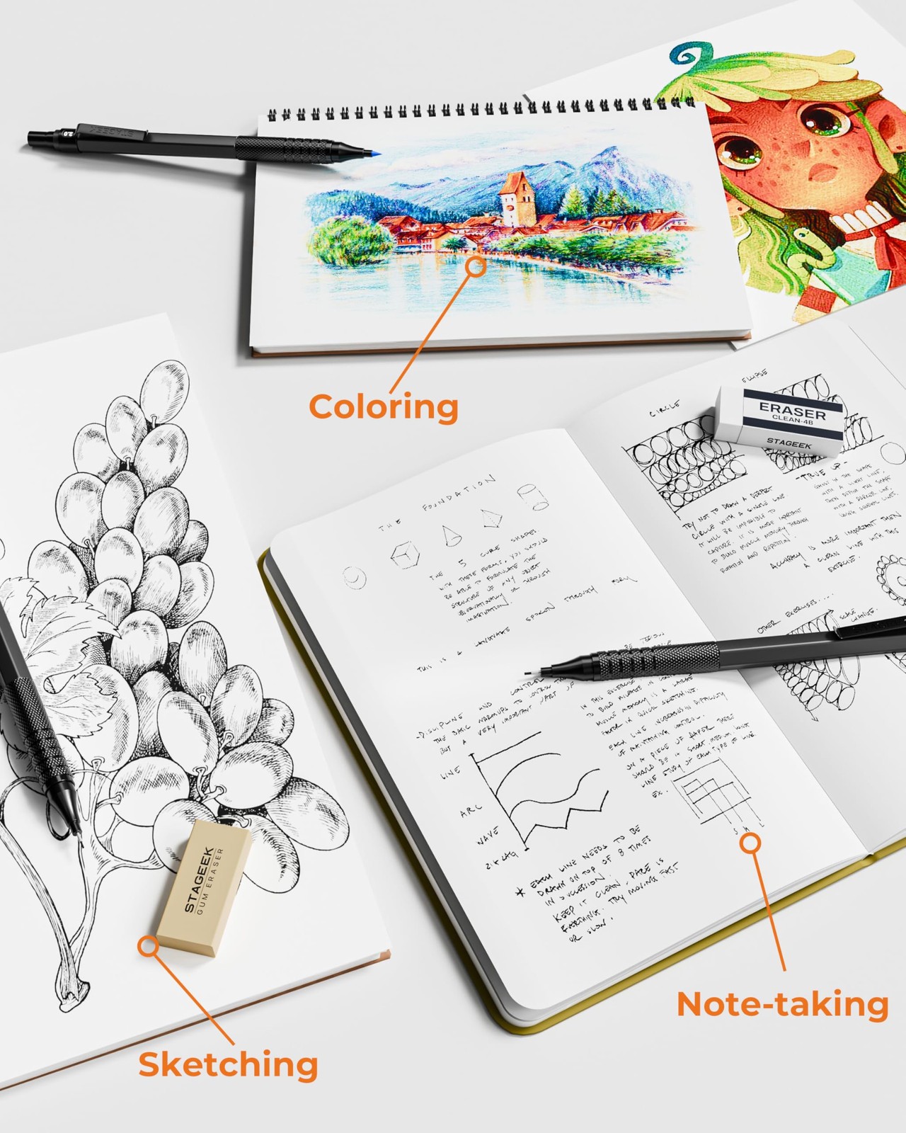 STAGEEK Metal Mechanical Pencil Set in Leather Case, 5PCS Art Drafting Black