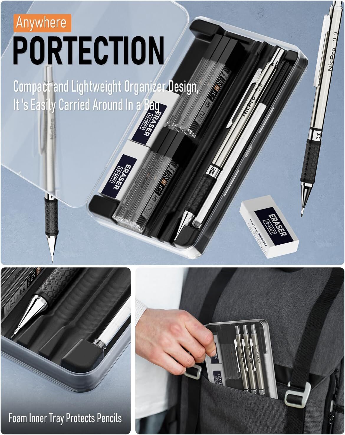 Nicpro 0.9 mm Mechanical Pencil Set with Case, 3PCS Metal 0.9MM, Metallic