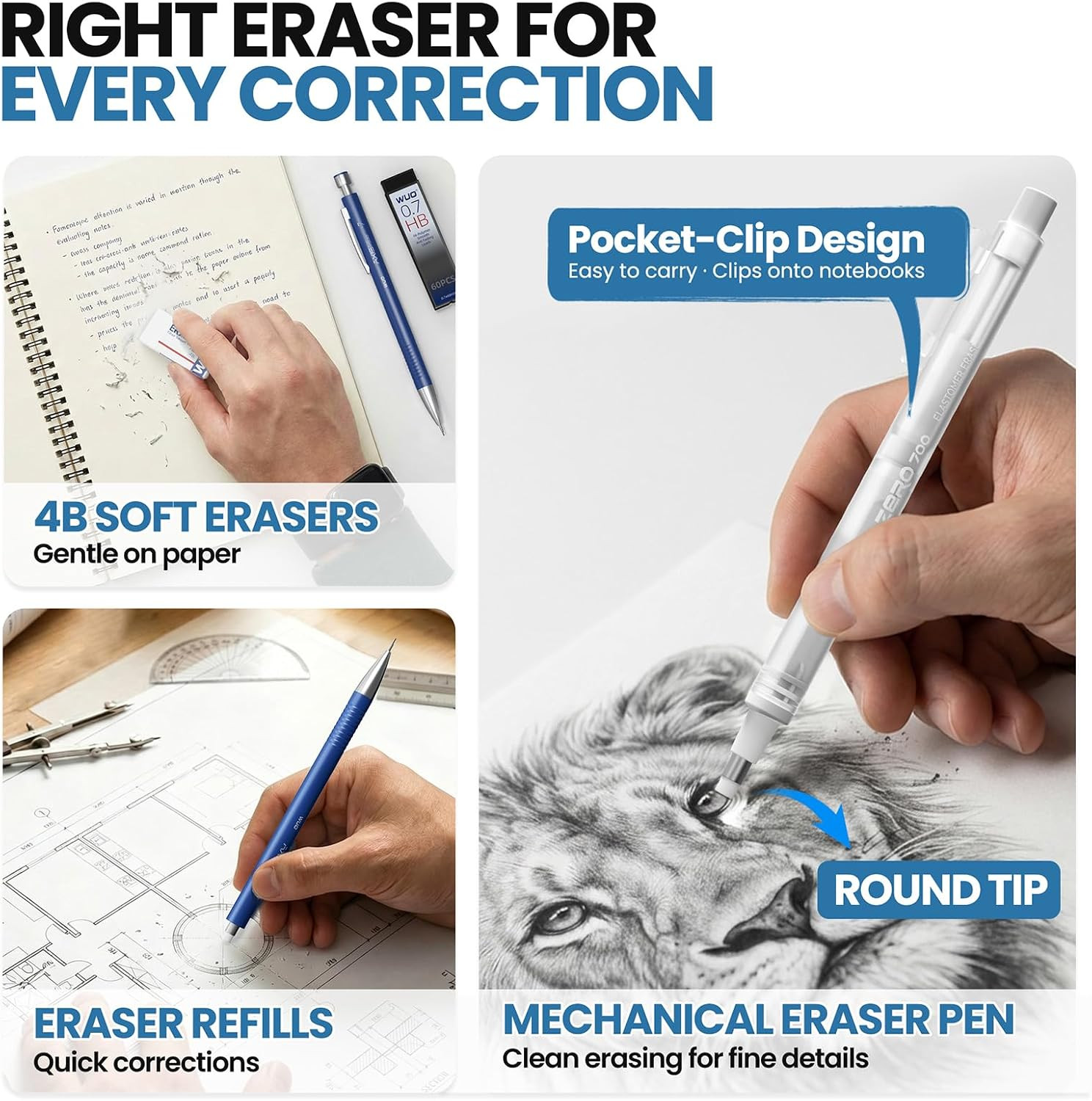 0.7Mm Mechanical Pencil Set with Case, 4PCS Metal Mechanical Pencils with Eraser